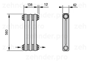 Схема (чертеж) Радиатор Zehnder Charleston 2056/3 №2670 Белый глянцевый RAL 9016